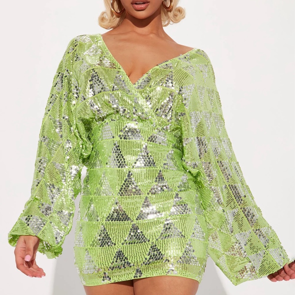 Brand new Fashion Nova lime green Midnight Party Sequin Mini Dress